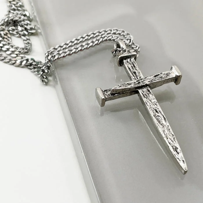 Custom Initial Necklace Designs-Nail Cross Large Rugged Antique Silver Finish Pendant Chain Necklace