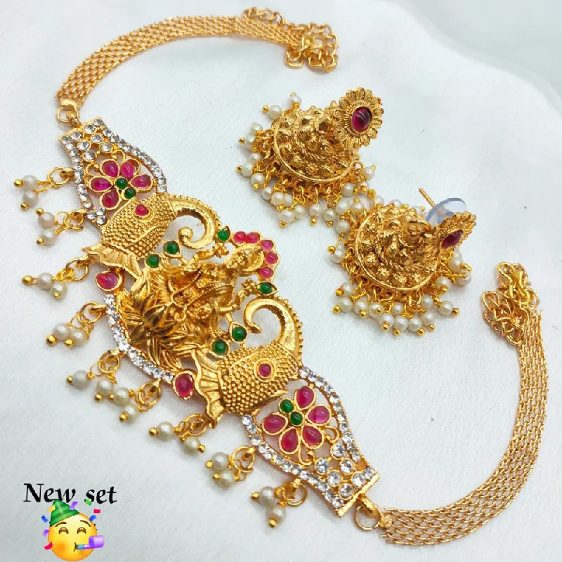 Natural Gemstone Pendant Necklaces-Pooja Bangles Gold Plated Pota Stone Choker Necklace Set