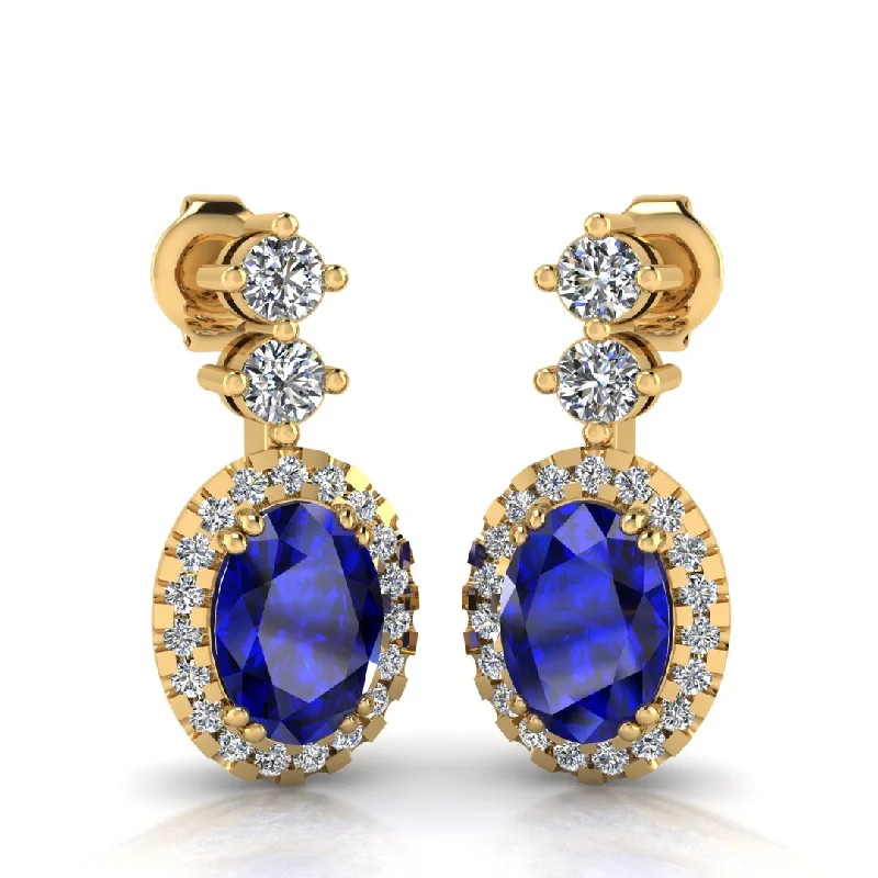 Luxury Earrings for Brides-Sapphire 1.40 Carat Oval Shape Halo Natural Diamond Drop Earrings E1OCS