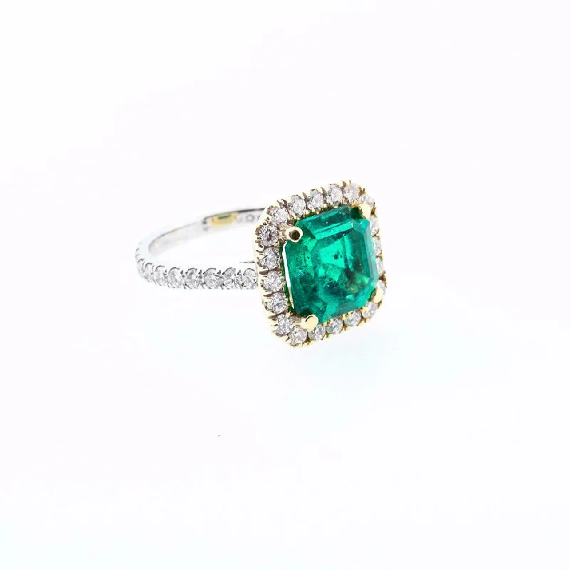 Stackable Engagement Rings-Emerald Ring with Diamond Halo