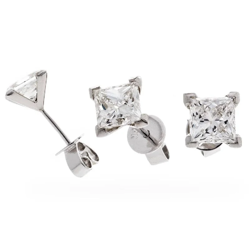 Gemstone Drop Earrings-Derora Princess Cut Solitaire Stud Earrings in White Gold