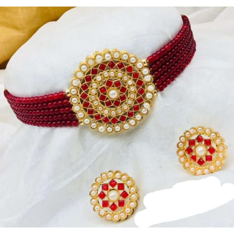 Birthstone Necklaces for Gifts-Shree Jai Sai Art Choker Gold Plated Beads Necklace Set