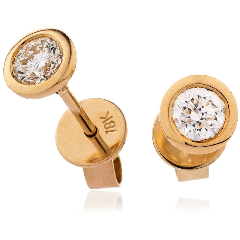 Designer Earrings Online-Chastity Round  Brilliant Diamond Rub over Over Solitaire Stud Earrings in Yellow Gold