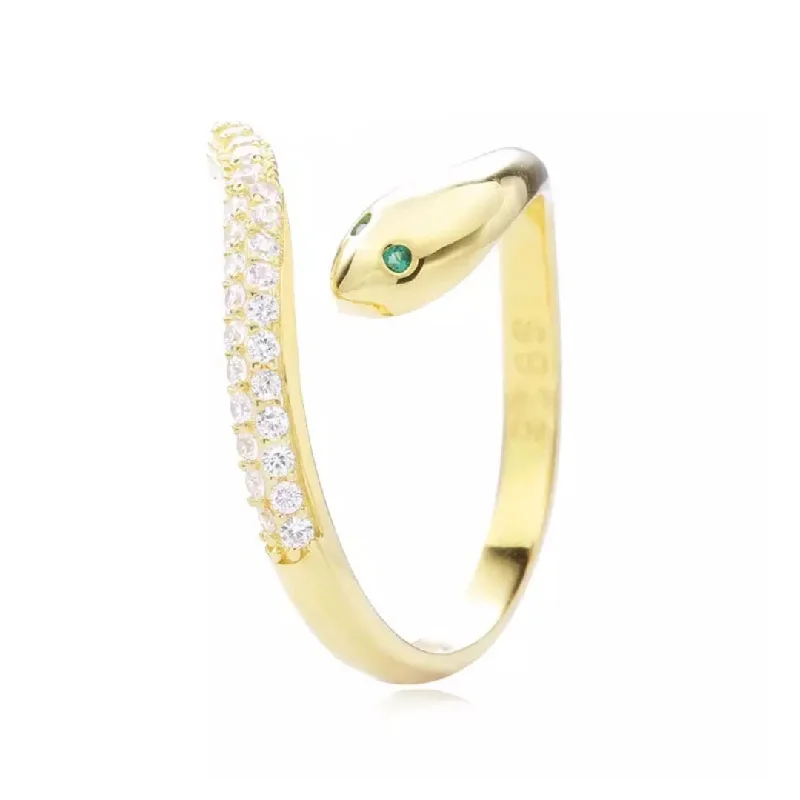 Colorful Gemstone Rings-Yellow Gold Plated Cz Snake Wrap Ring With Green Eyes