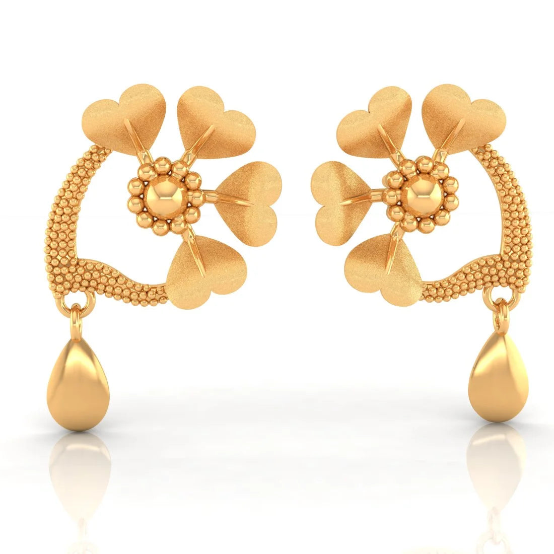 Ethnic Earrings for Women-22KT (916) Yellow Gold Heart Shaped Stud Earrings With Drop Charm