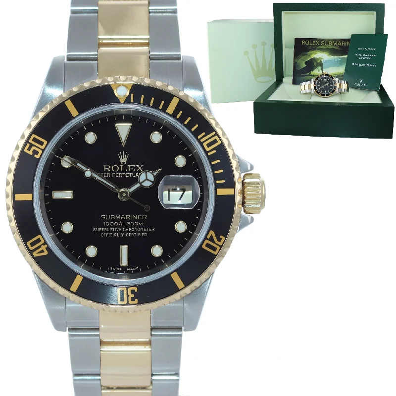 Solar-Powered Sports Watches-2004 GOLD BUCKLE Rolex Submariner 16613 Gold Steel Black Watch Box