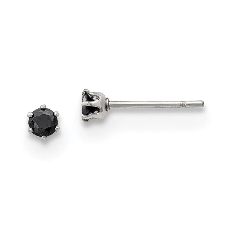 Large Statement Earrings-Stainless Steel Polished 3mm Black Round CZ Stud Post Earrings