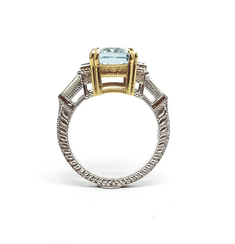 Vintage Wedding Rings-Hand-Engraved Aquamarine and  Diamond  Ring