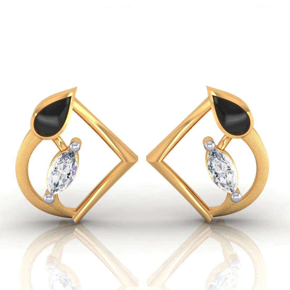 Lightweight Gold Earrings-22k (916) Gold Earrings Teardrop Geometric Studs With Black Meena And Embedded Stones