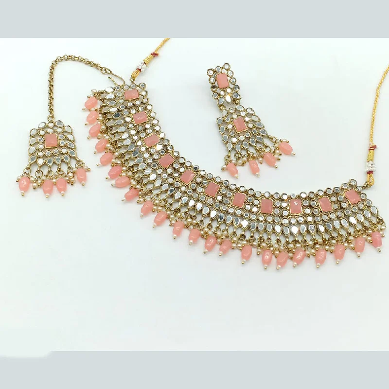 Trendy Silver Necklaces-Rajwadi Collection Gold Plated Pearl Mirror And Beads Necklace Set