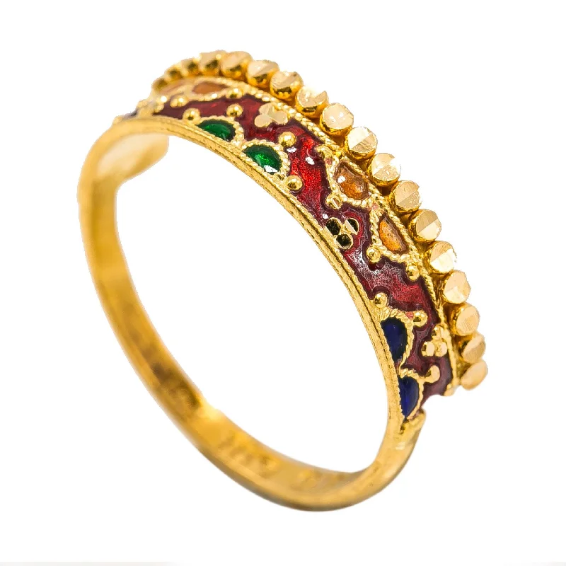 Unique Gold Engagement Rings-22K Yellow Gold Enamel Ring W/ Patterned Scallop Details