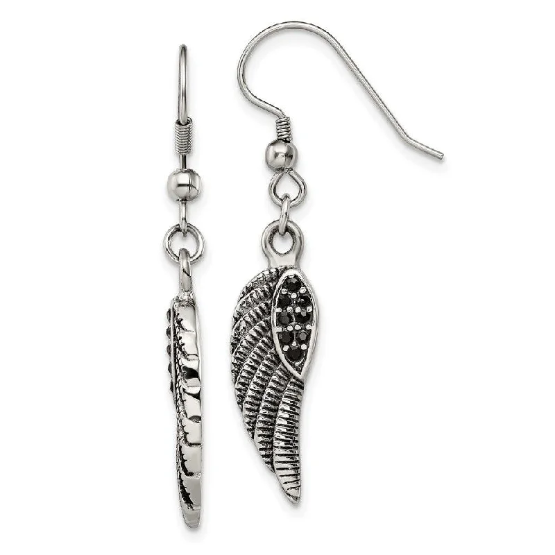 Vibrant Gemstone Earrings-Stainless Steel Antiqued & Polished w/Black Crystal Wings Dangle Earrings