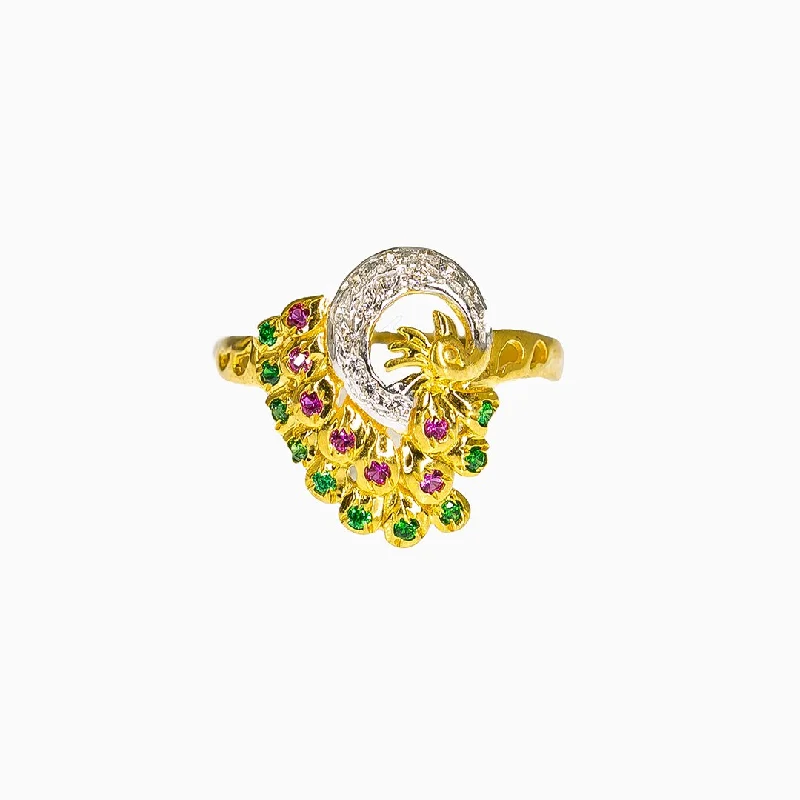 Large Cocktail Rings-22K Multi Tone Gold Ring W/ Emeralds, Rubies & Artisanal Peacock