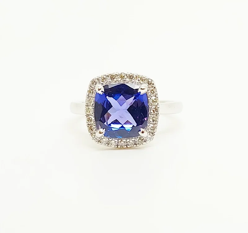 Elegant Gold Rings-Cushion-Cut Tanzanite Diamond Halo Cocktail Ring In 14k White Gold