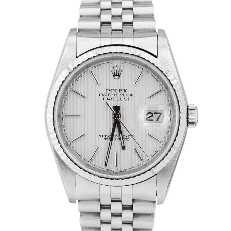 Luxury Watches with Leather Straps-UNPOLISHED Rolex DateJust 36mm Silver TAPESTRY Steel NO-HOLES Case Watch 16234