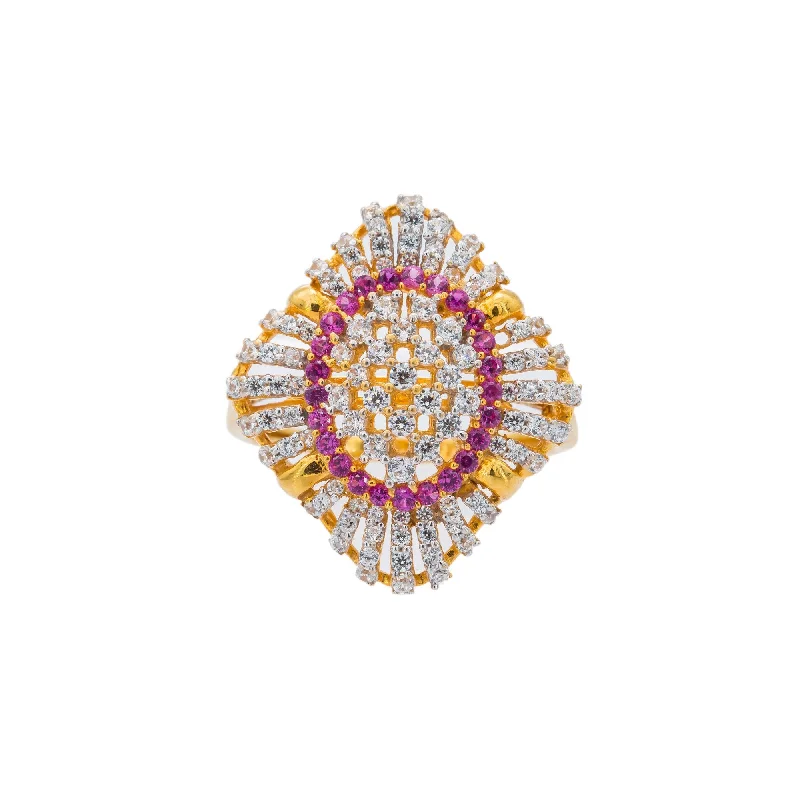 Designer Diamond Rings-22K Yellow Gold CZ Shield Ring W/ Precious White & Purple Gemstones