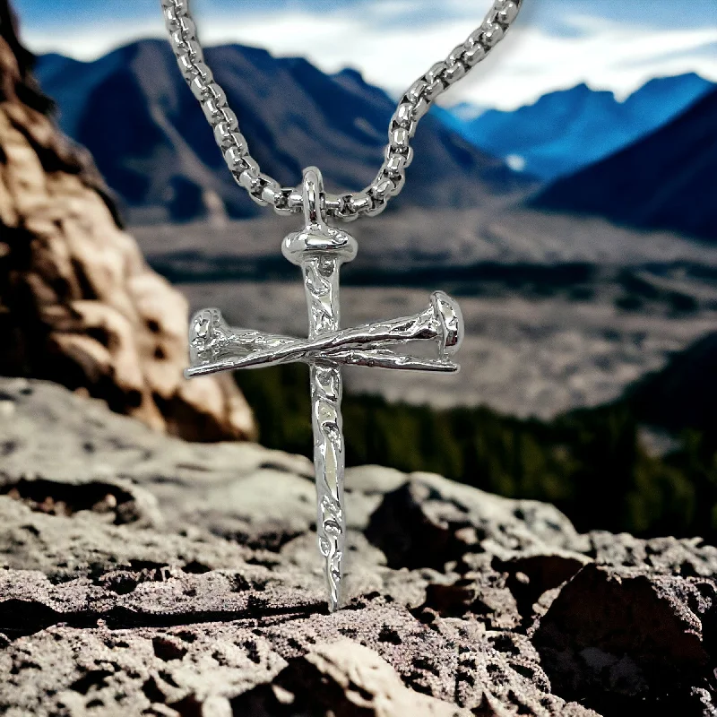 Handmade Pendant Necklaces-Rugged Antique Nail Cross Necklace Rhodium Silver Finish Heavy Chain