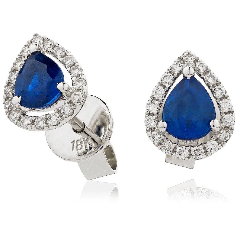 Silver Oval Earrings-SAPPHIRE HALO STUD EARRINGS