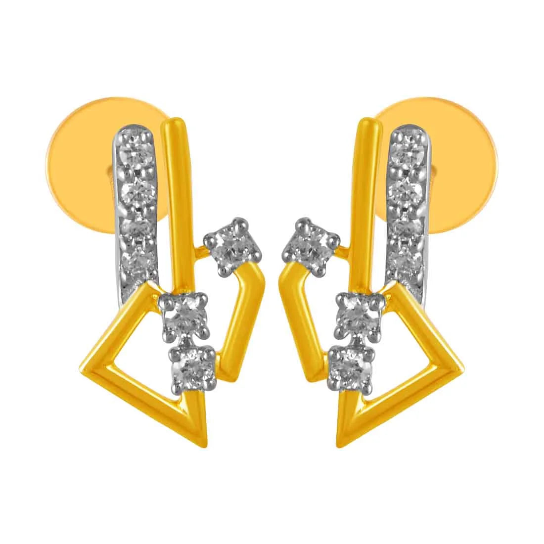 Bohemian Earrings for Festivals-14KT (585) Yellow Gold & Diamond geometric Design Stud Earrings