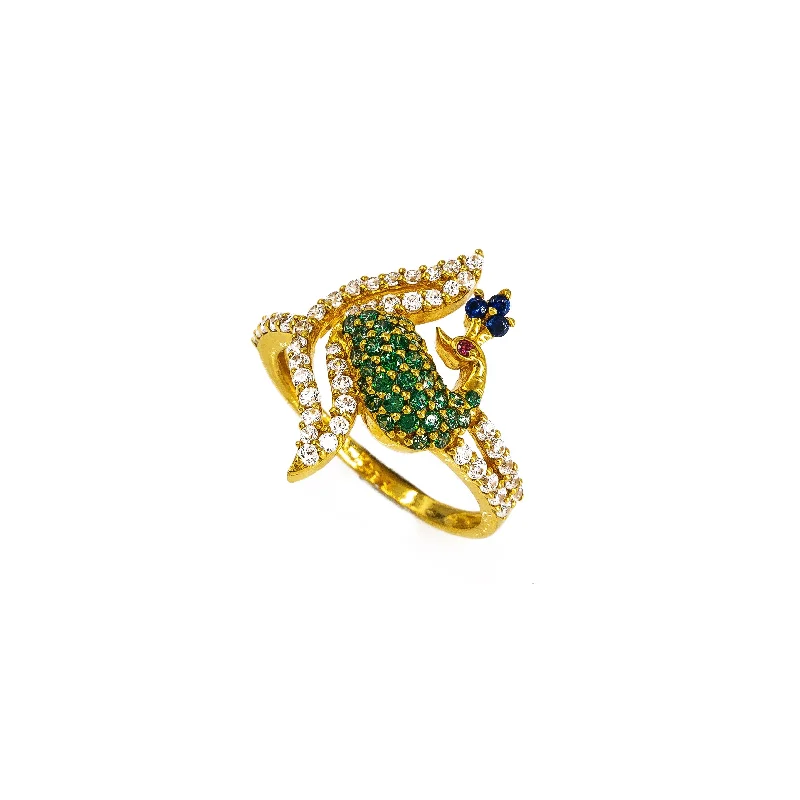 Fashionable Cocktail Rings-22K Yellow Gold Peacock Ring W/ CZ Encrusted Split Train & Asymmetric Band