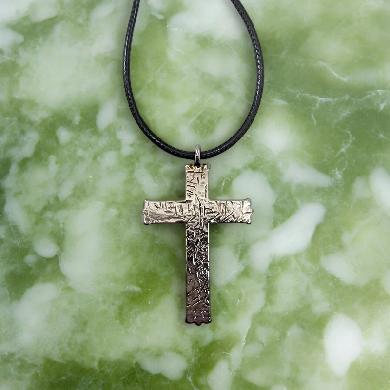 Gold Chain Necklaces for Women-Hammered Cross Dark Metal Finish Black Cord Necklace