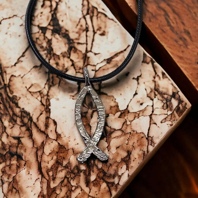 Heart-Shaped Crystal Necklaces-Ichthus Fish Hammered Dark Metal Finish Black Cord Necklace