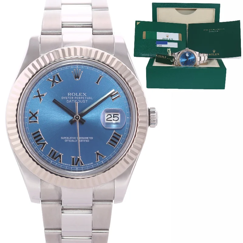 Retro Style Watches-2015 PAPERS MINT Rolex DateJust 2 Steel Blue Roman Wimbledon 41mm 116334 Watch