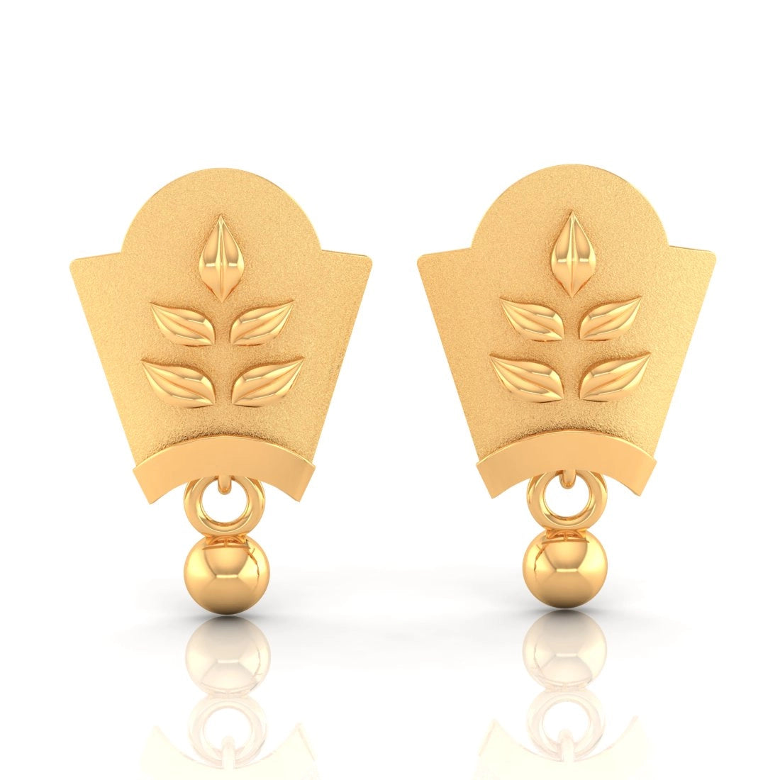 Personalized Gold Earrings-22KT (916) Yellow Gold Leaf Design Drop Earrings With Ball Accent