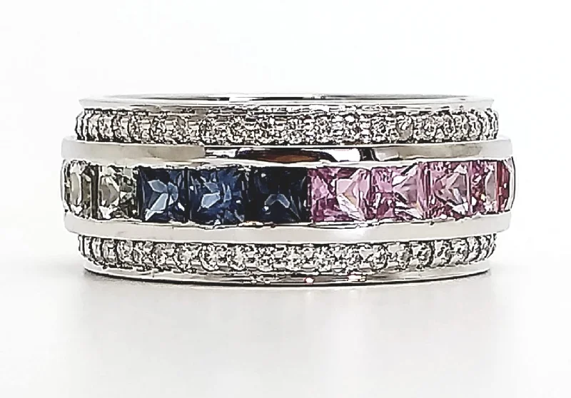 Vintage Platinum Wedding Rings-Channel Set Multi Sapphire and Diamond Ring in 14k White Gold