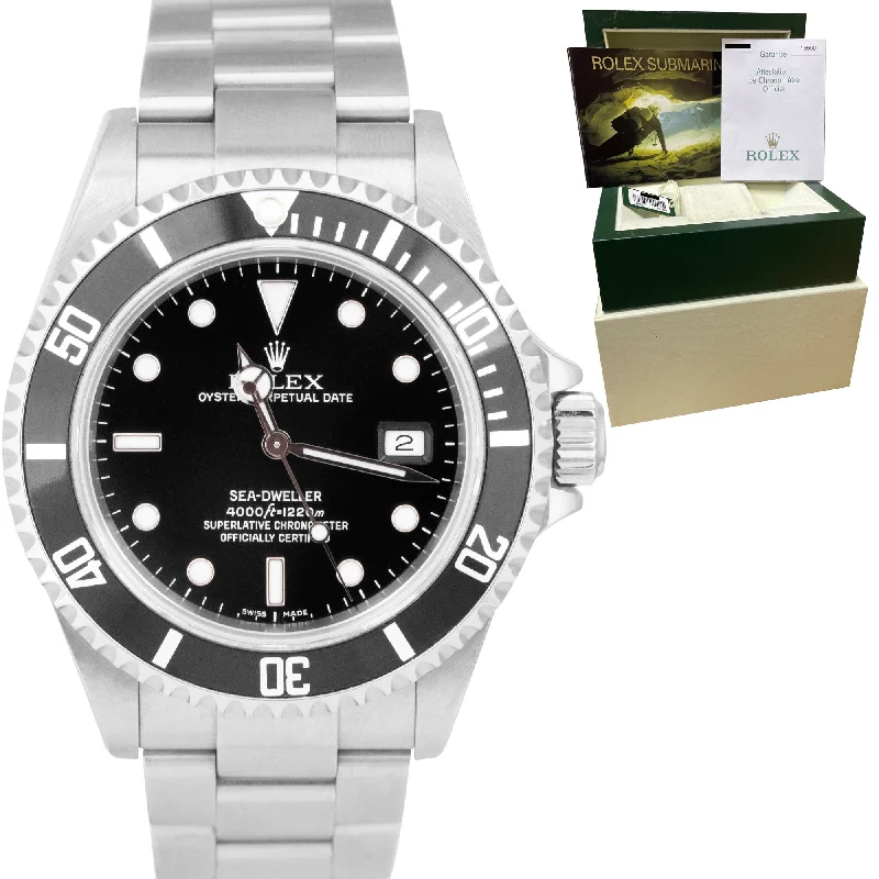 Women’s Watches with Simple Design-2005 Rolex Sea-Dweller 40mm Stainless NO-HOLES CASE  Black Date Watch 16600