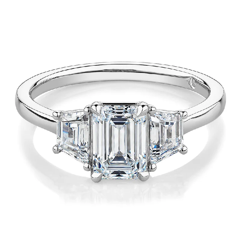 Personalized Vintage Rings-Signature Simulant Diamond 1.87 carat* TW emerald cut three stone ring in 14 carat white gold