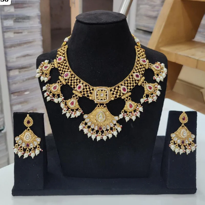 Elegant Sapphire Necklaces-JCM Gold Plated Pota Stone And Pearls Necklace Set