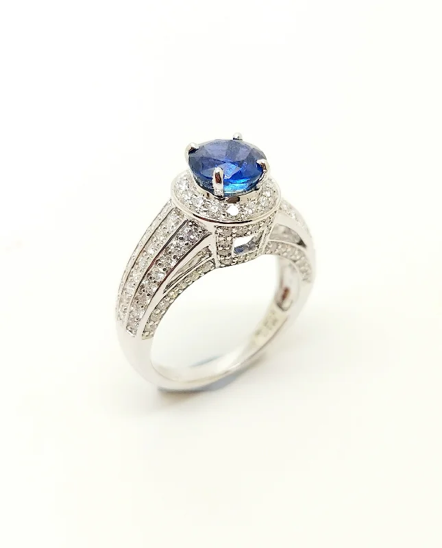 Stackable Diamond Rings-Round Blue  Sapphire And Diamond Ring In 18k White Gold(AD NO 2786)