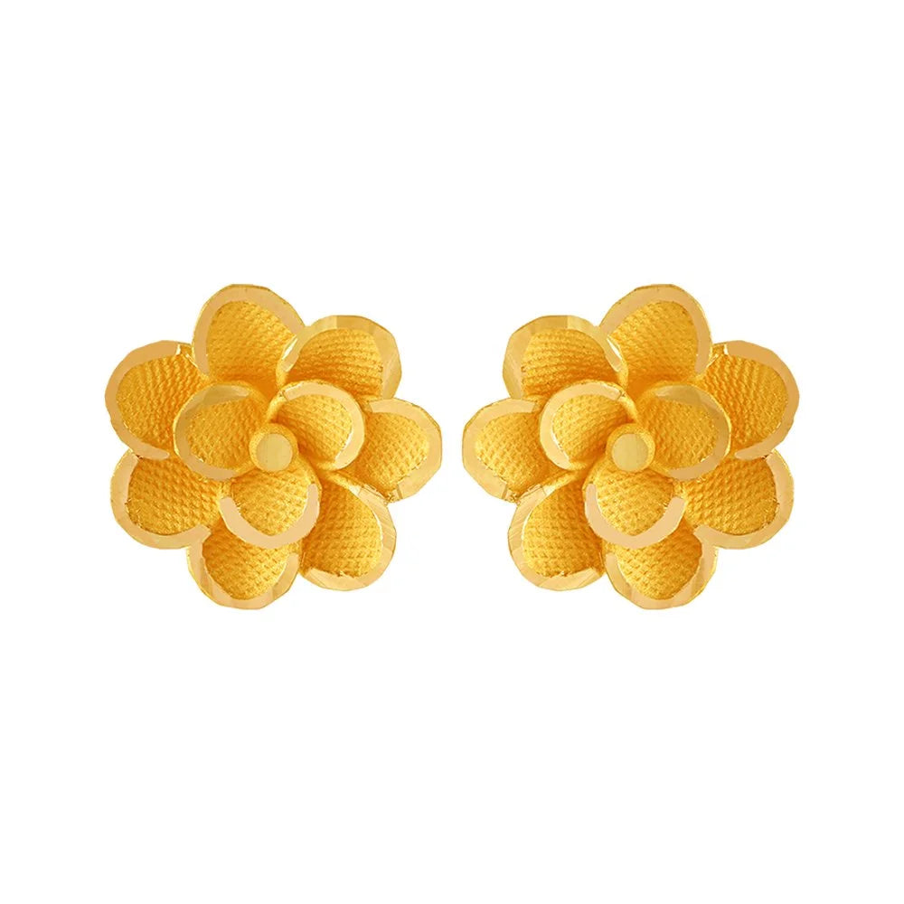 Elegant Diamond Drop Earrings-22KT (916) Yellow Gold Floral Stud Earrings With Textured Petals