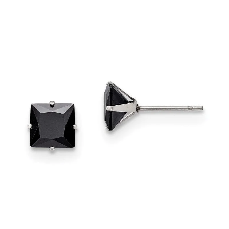 Unique Stud Earrings-Stainless Steel Polished 7mm Black Square CZ Stud Post Earrings