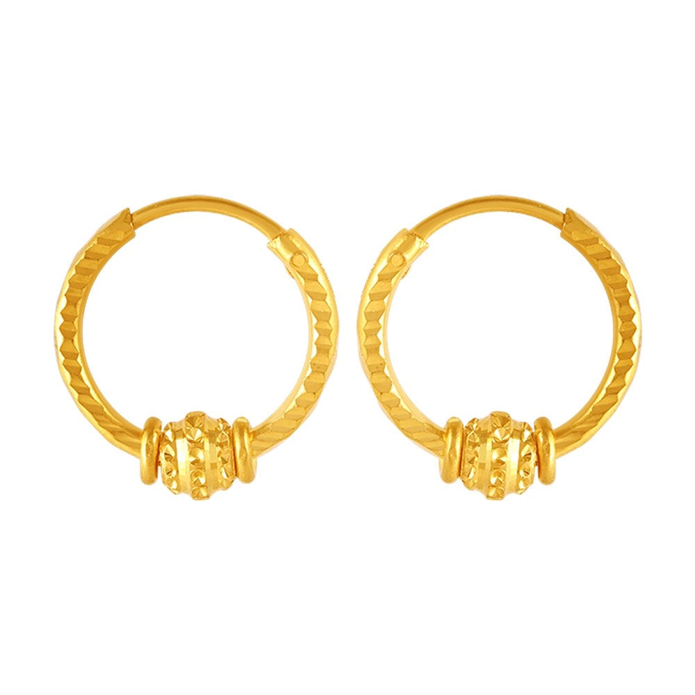 Unique Boho Earrings-22KT (916) Yellow Gold Carved Hoop Earrings And Unique Bead Design