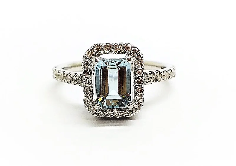 Custom Name Rings-Emerald Cut Aquamarine Ring with Diamond Halo in 14k white Gold,AD NO 2106