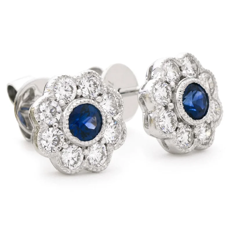 Bohemian Earrings for Festivals-SAPPHIRE FLOWER HALO STUD EARRINGS