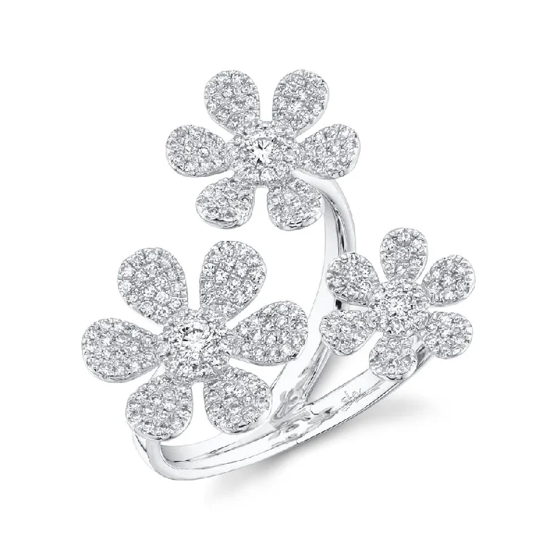 Luxury Wedding Bands-14K White Gold Dual Round Diamond Flower Ring