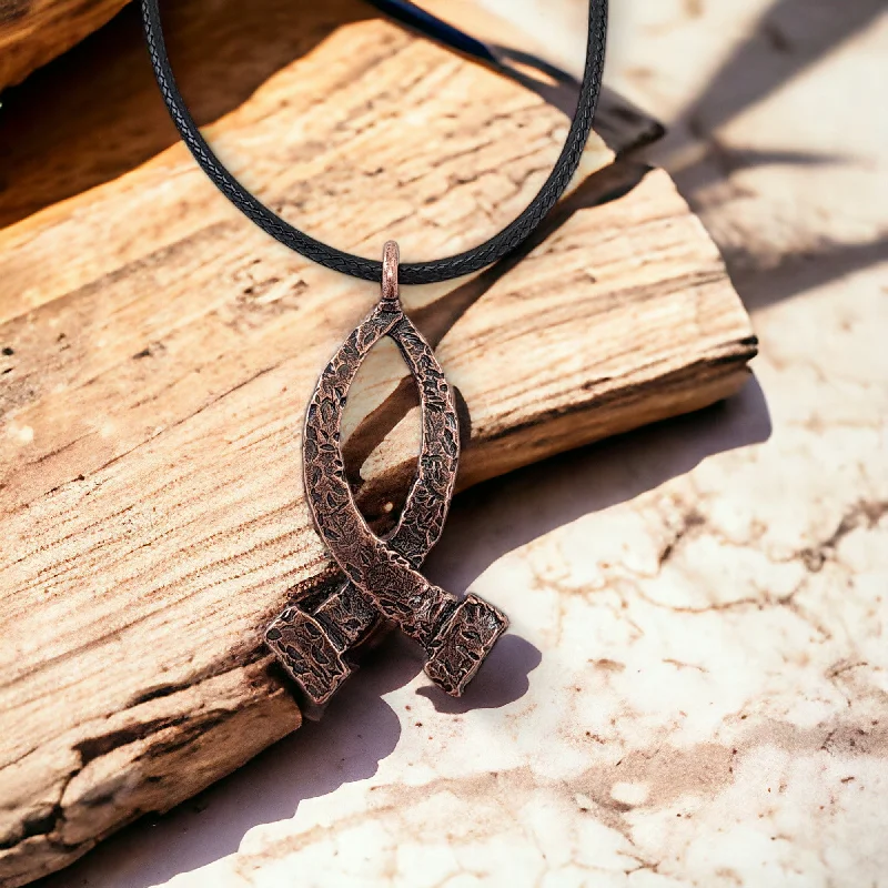 Elegant Layered Necklaces-Ichthus Fish Hammered Nails Large Copper Finish Black Cord Necklace