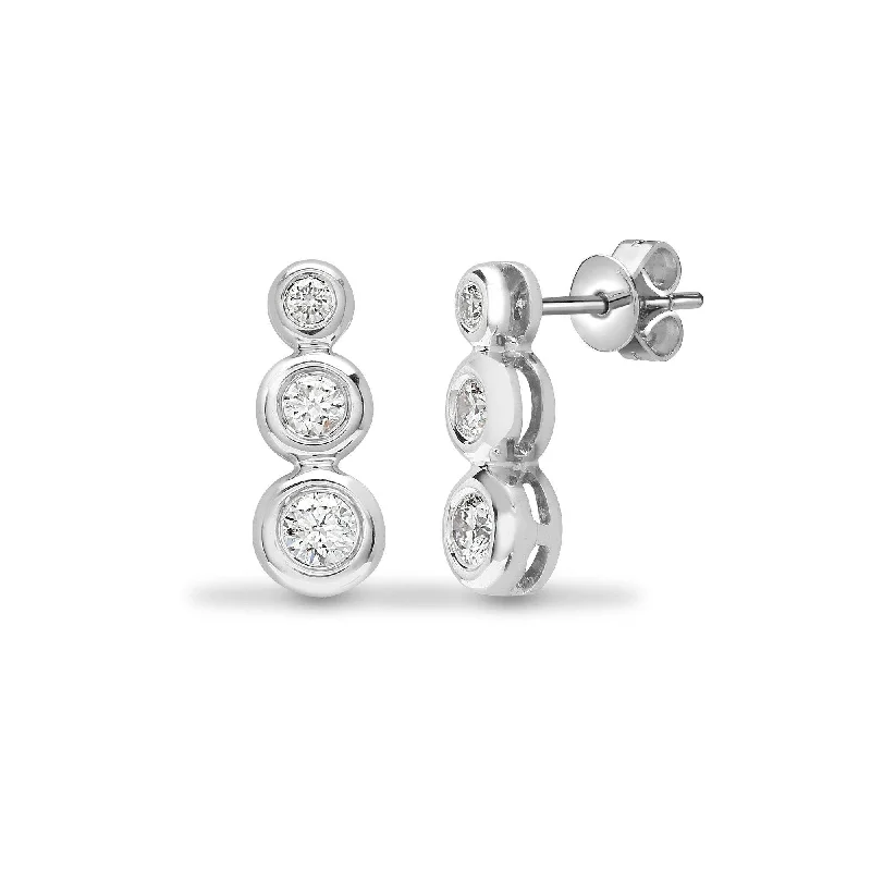 Wedding Party Earrings-DIAMOND THREE-STONE RUB OVER SETTING DROP EARRINGS IN 18K WHITE GOLD