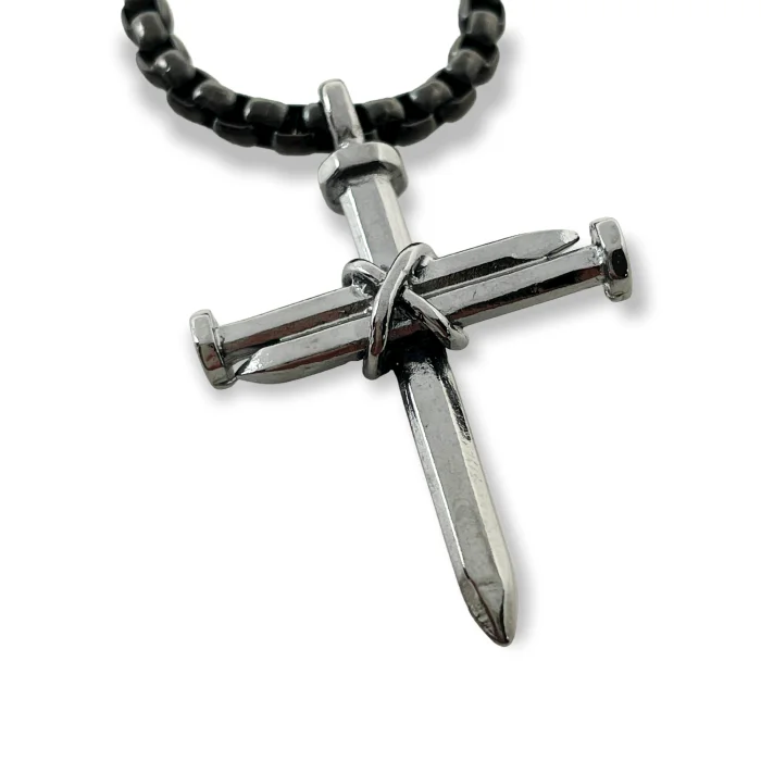 Elegant Wedding Pendant Necklaces-Nail Cross Dark Metal Finish Pendant Dark Finish Heavy Chain Necklace