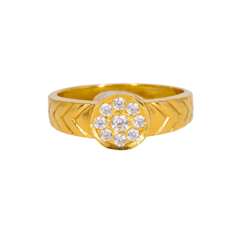 Large Statement Rings-22K Yellow Gold Men's Ring W/ CZ Gems & Arrow Detail Band