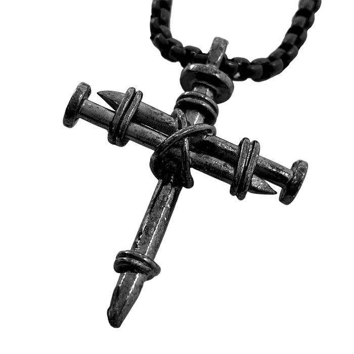 Colorful Gem Pendant Necklaces-Nail Cross Pendant Gunmetal Color Finish Dark Heavy Chain Necklace