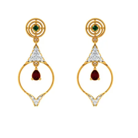 Elegant Round Earrings-Diamond Embedded Drop Dangler With Precious Red Stone In 14k Gold Earrings