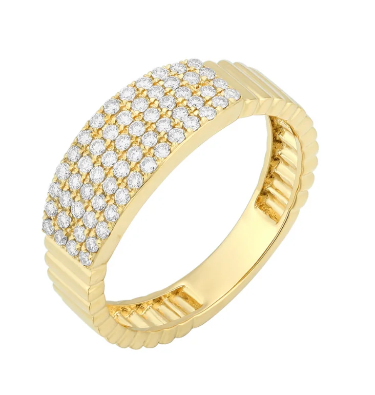 Wedding Rings with Diamonds-13 Row Striped Gold with Big Diamond Bar Pave