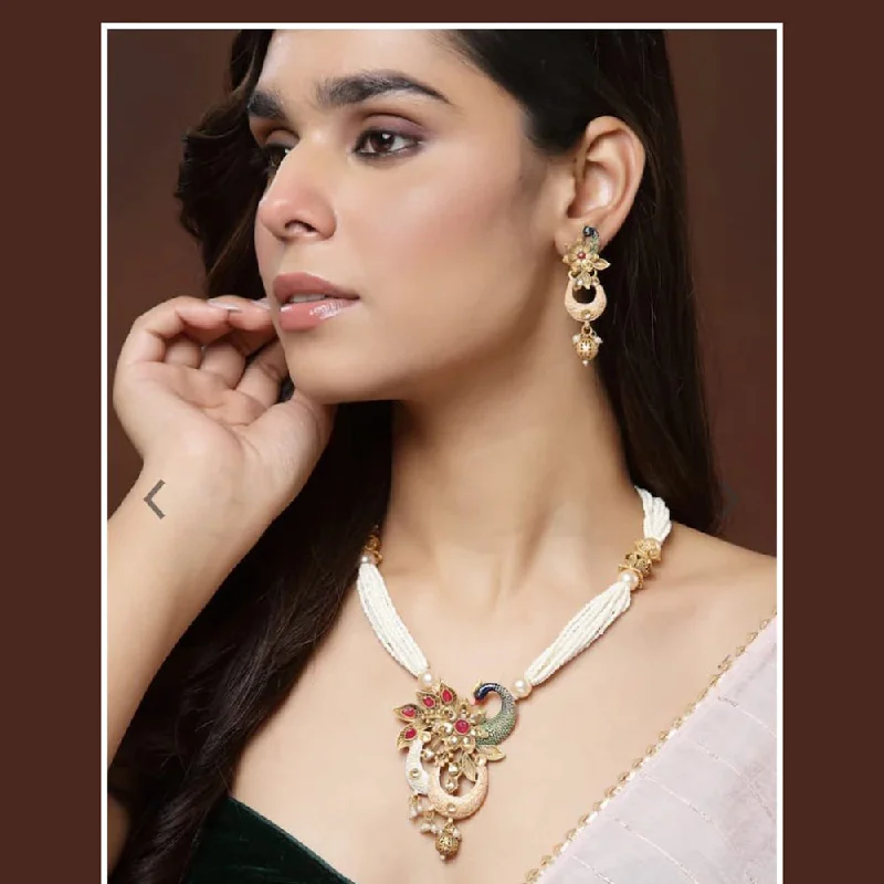 Silver Feather Necklaces-Corbeda Fashion Gold Plated Kundan And Pearl  Necklace Set