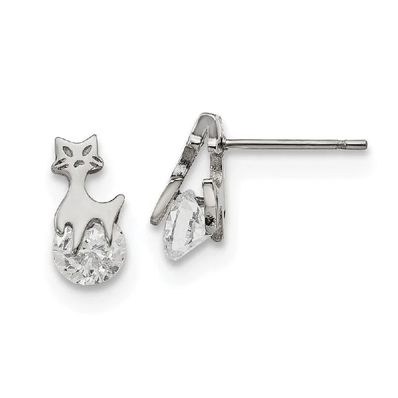 Golden Crystal Earrings-Stainless Steel Polished w/CZ Cat Post Earrings