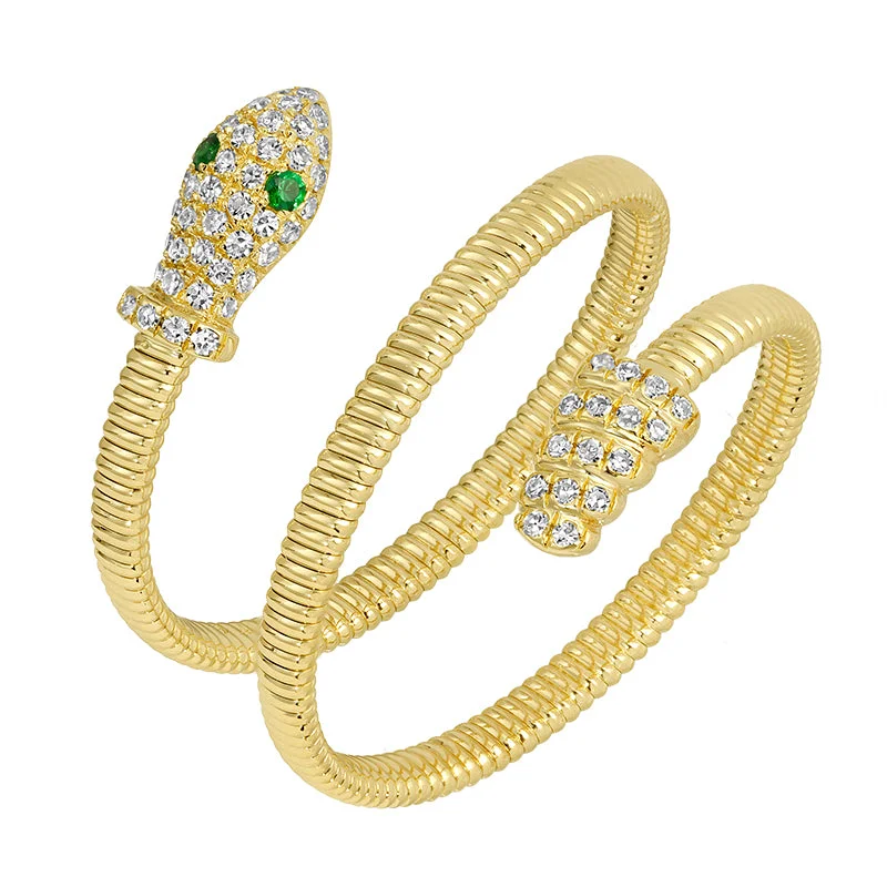 Dainty Gold Rings-14K Diamond Fluted Snake With Emerald Eyes Ring