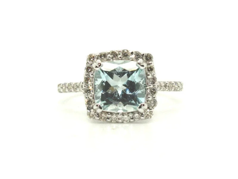 Stylish Gemstone Rings-Aquamarine & Diamond Cushion Cluster Ring/ Item Code: RNG 2